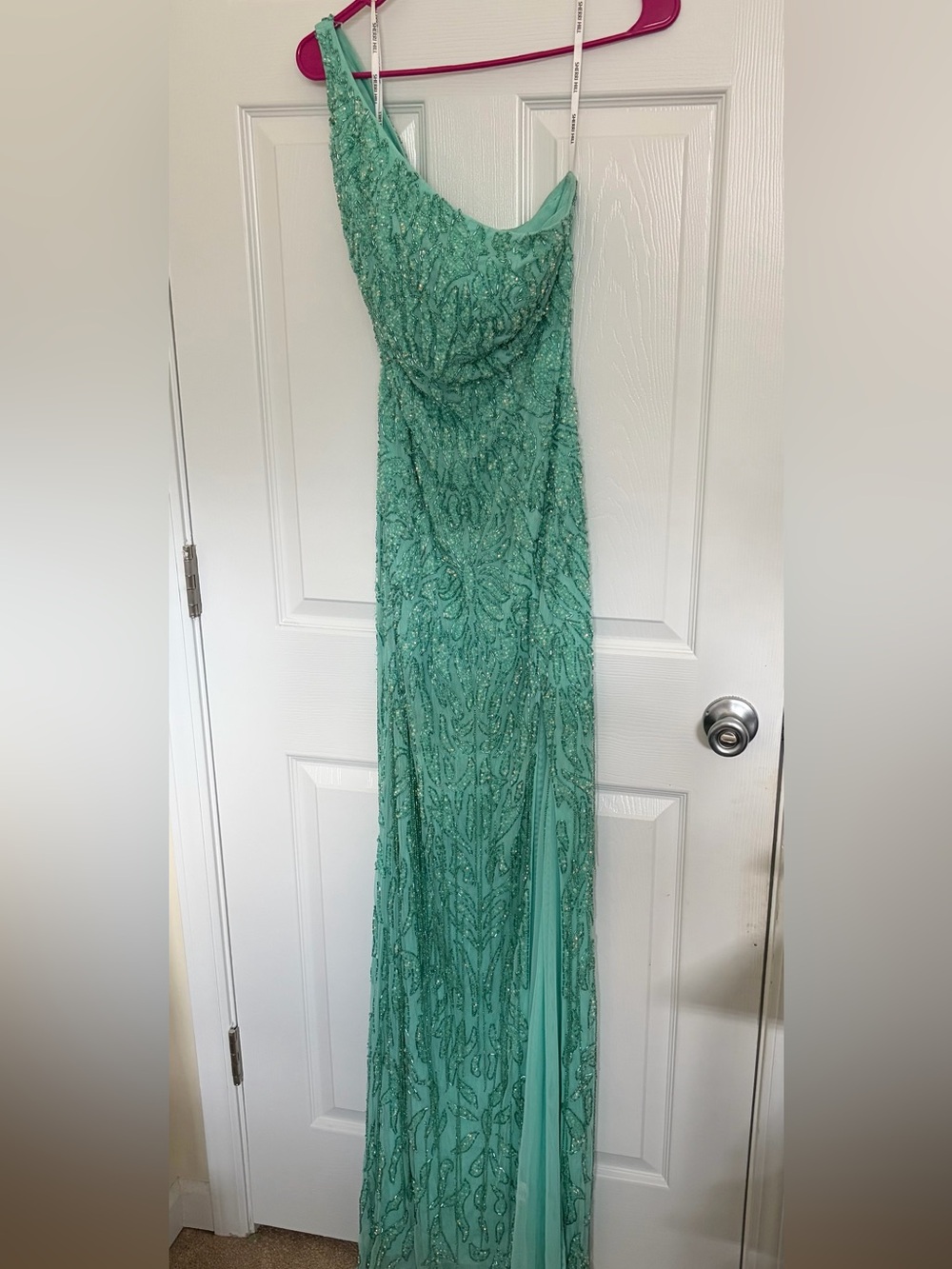 Sherri Hill Mint One-Shoulder Beaded Evening Gown